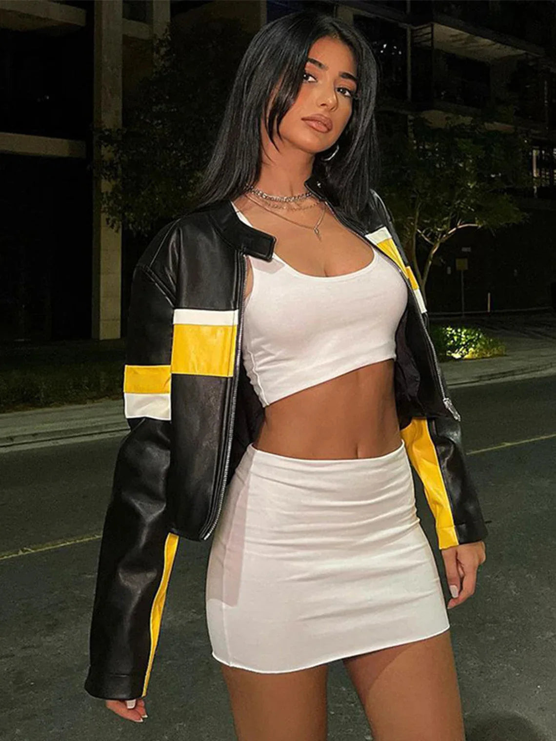 Shop Yellow Stripe Cropped Black Leather Jacket