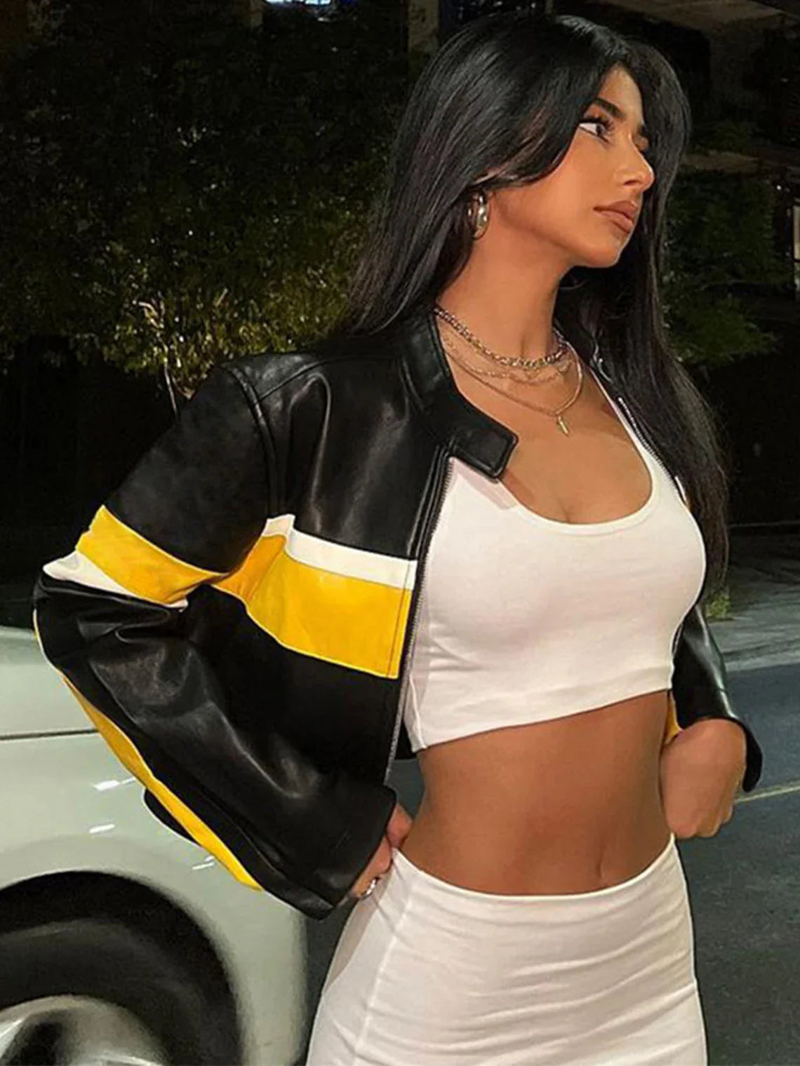 Shop Yellow Stripe Cropped Black Leather Jacket