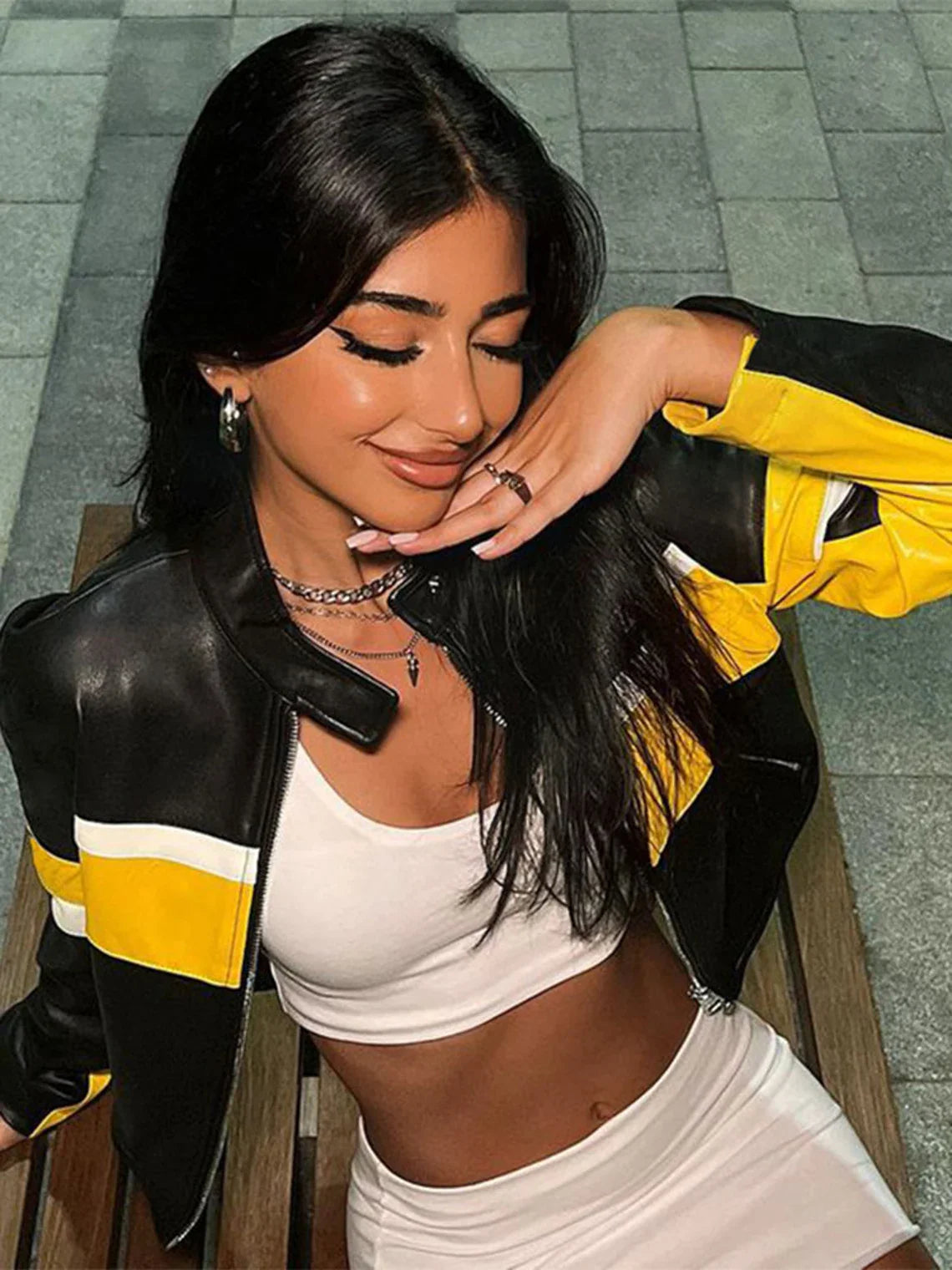 Shop Yellow Stripe Cropped Black Leather Jacket