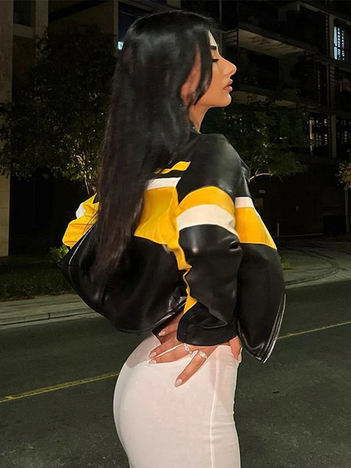 Shop Yellow Stripe Cropped Black Leather Jacket