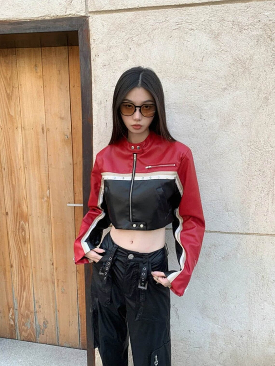 Shop Multi Color Biker Style Crop Real Leather Jacket Women