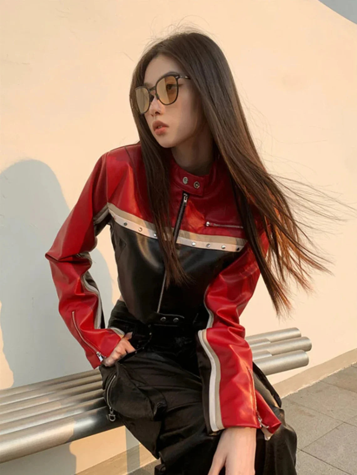 Shop Multi Color Biker Style Crop Real Leather Jacket Women