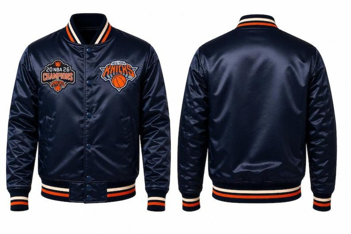 2026 Champions Satin Jacket | New York Basketball Fan Bomber | Navy Blue Satin Outerwear