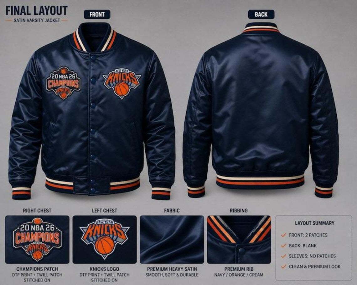 2026 Champions Satin Jacket | New York Basketball Fan Bomber | Navy Blue Satin Outerwear