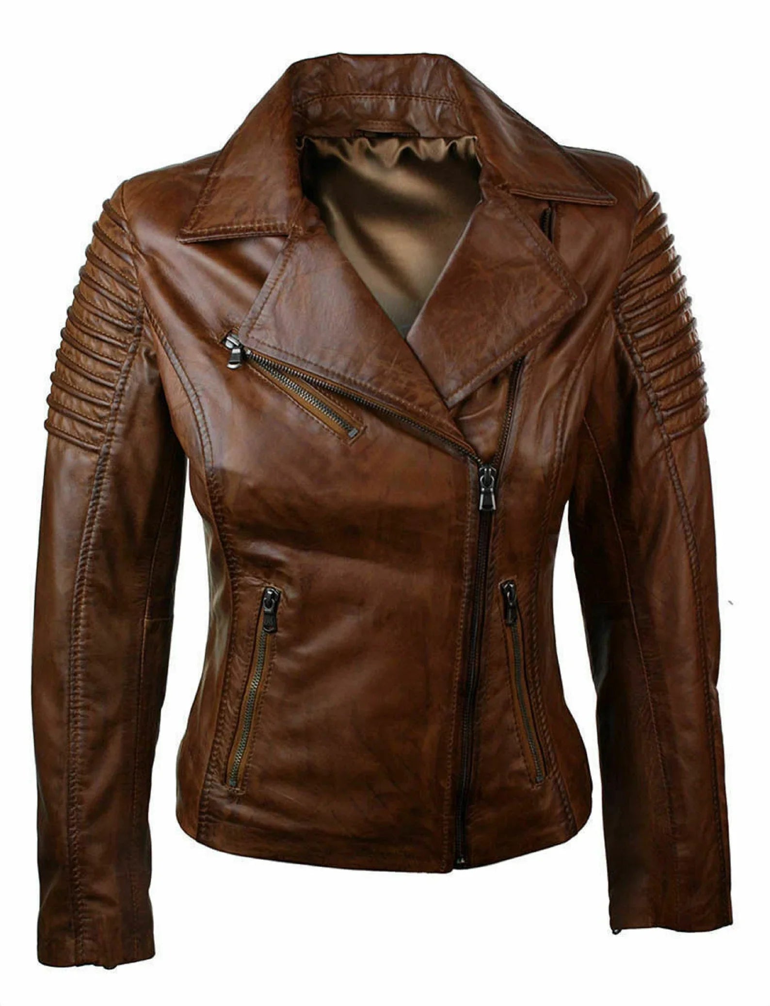 Shop Women Brown Vintage Quilted Leather Jacket