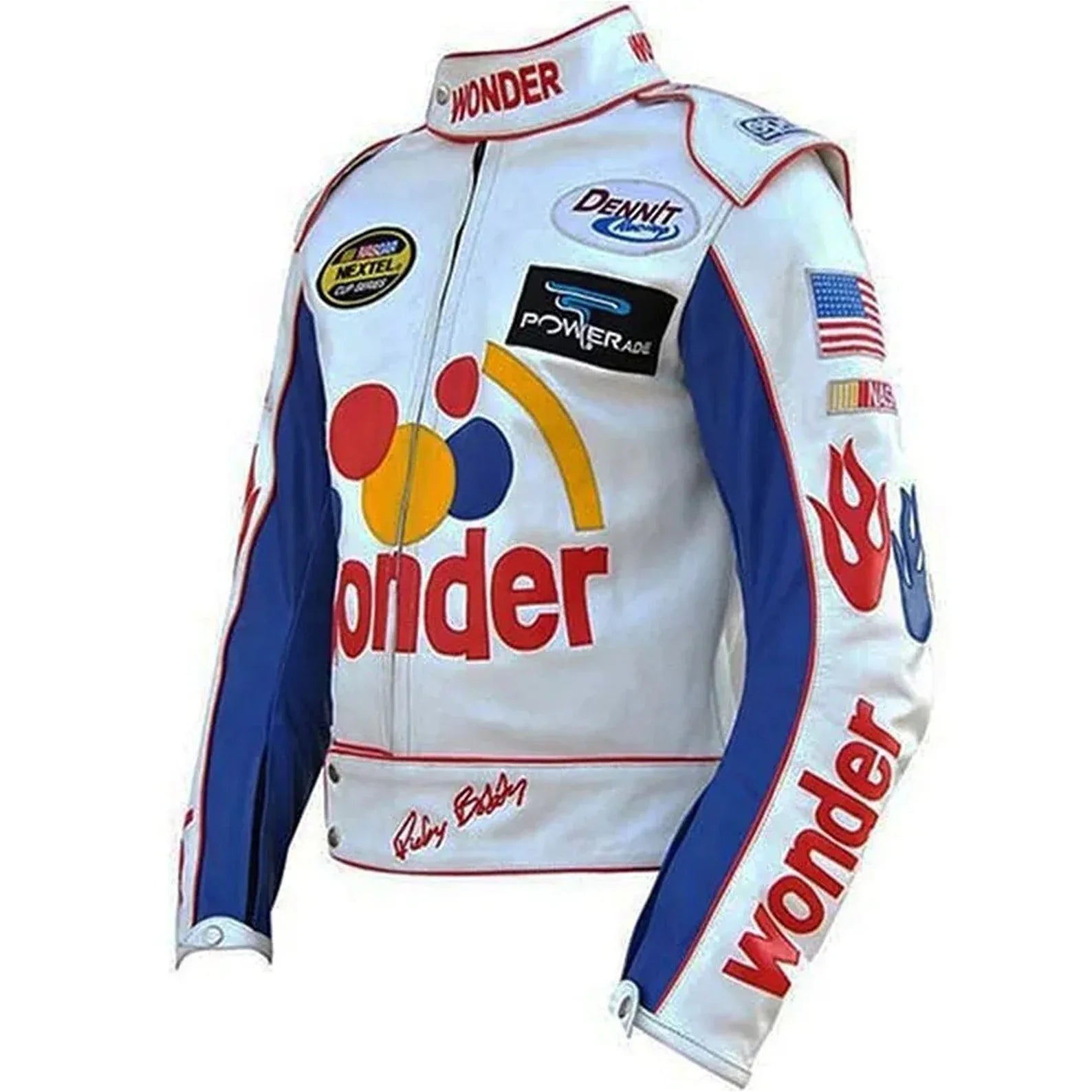 Shop Ricky Bobby Racing Biker Jacket White Leather Jacket