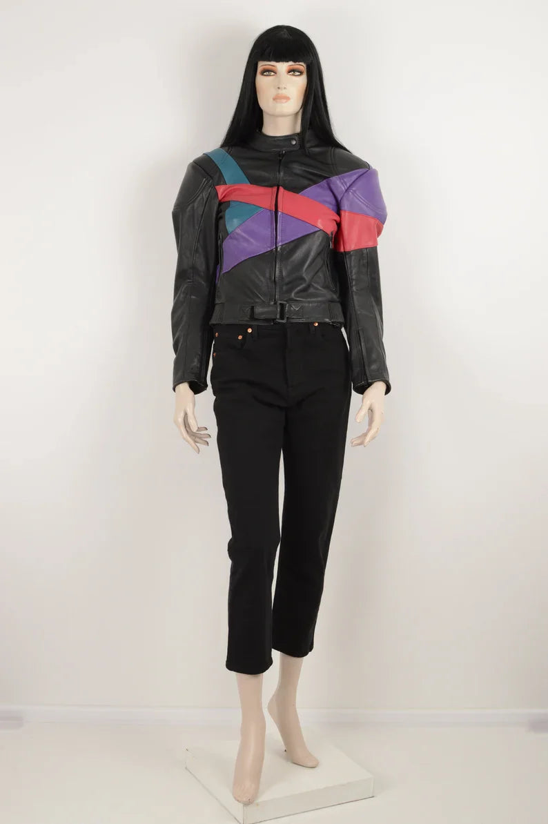 Shop Vintage 90s MQP Black Purple Green Red Real Leather Jacket