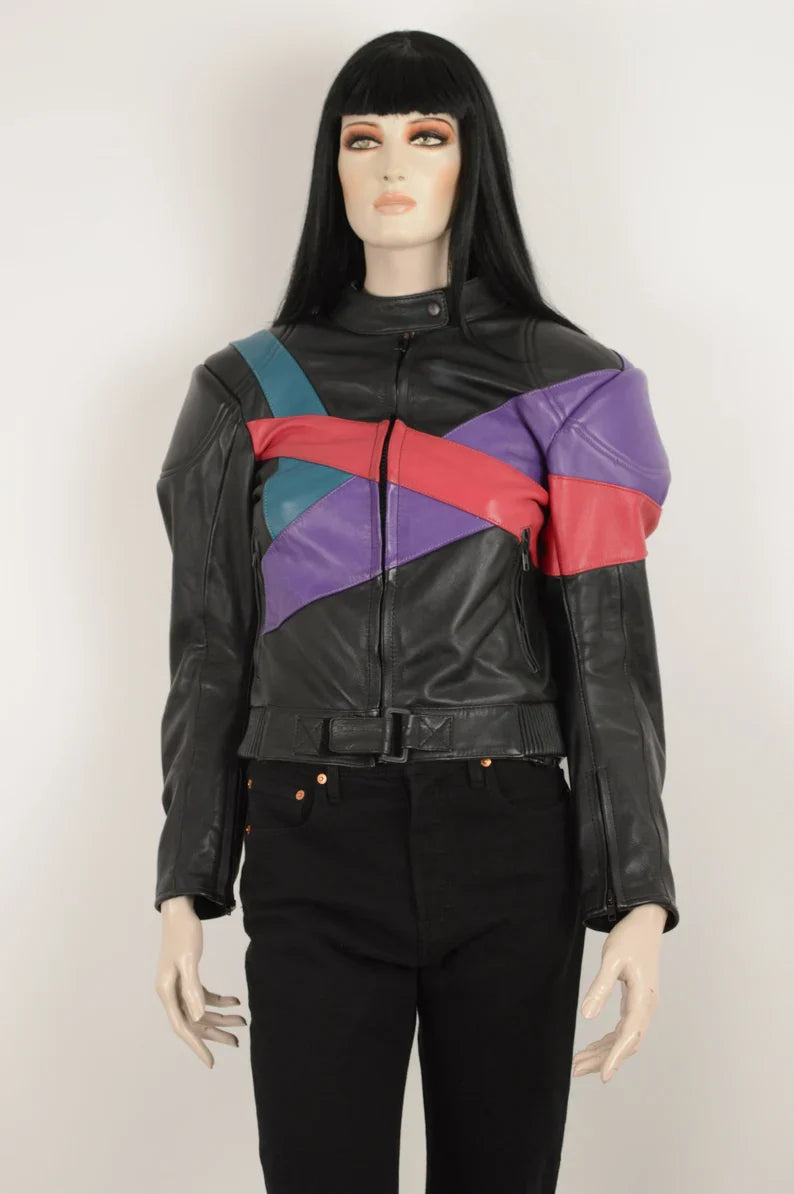 Shop Vintage 90s MQP Black Purple Green Red Real Leather Jacket