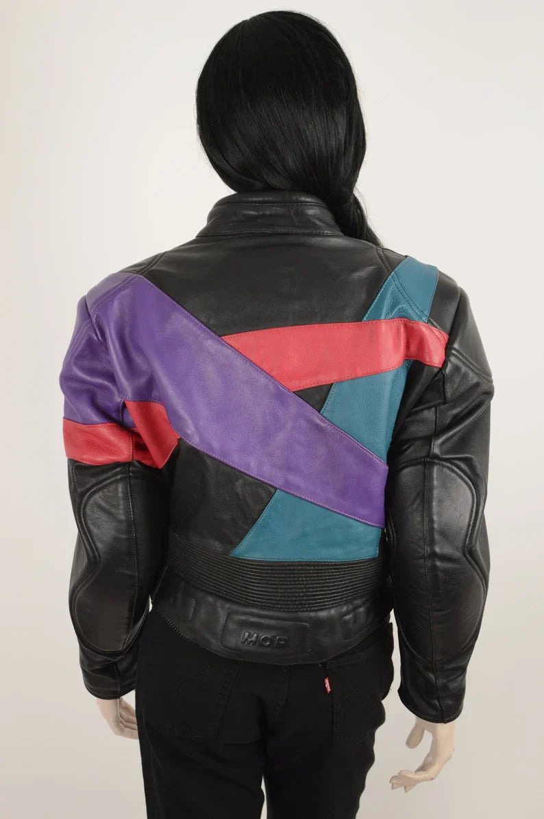 Shop Vintage 90s MQP Black Purple Green Red Real Leather Jacket