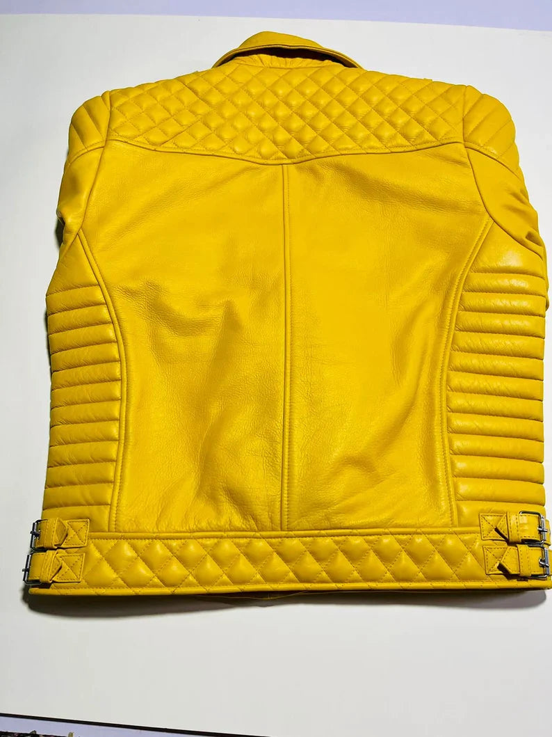 Shop Women's Yellow Genuine Leather Biker Jacket