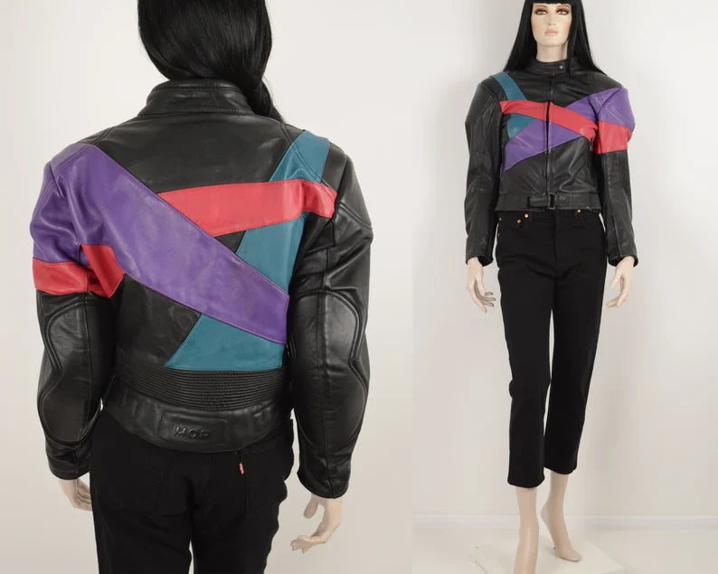 Shop Vintage 90s MQP Black Purple Green Red Real Leather Jacket