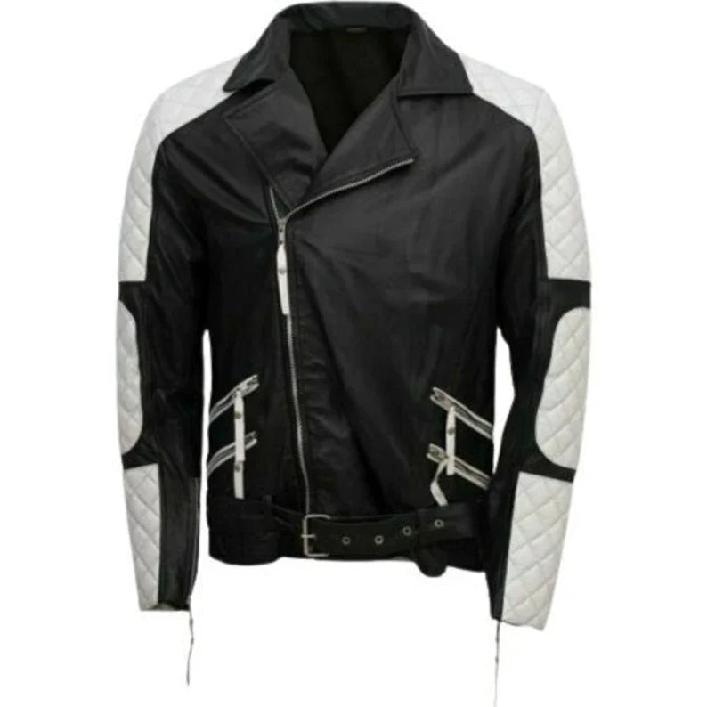 Shop Men's Lambskin BLACK &amp; WHITE Leather Jacket  by TJS