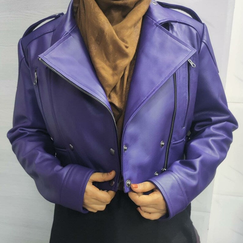 Shop Purple Cropped Motorcycle Bolero Shrug Leather Jacket