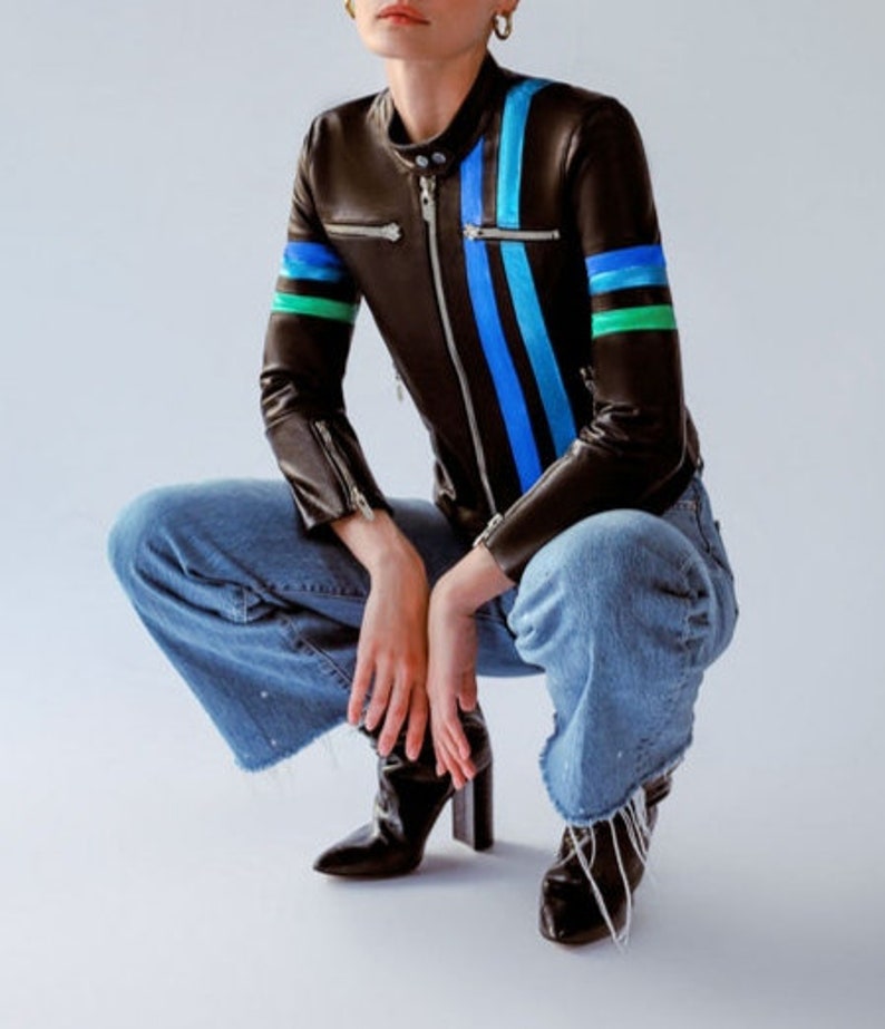 Shop Women Black Solid Casual Tailored Motorcycle Biker Leather Jacket by tjs