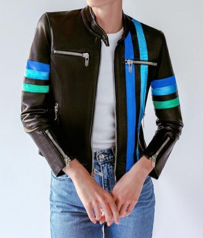 Shop Women Black Solid Casual Tailored Motorcycle Biker Leather Jacket by tjs