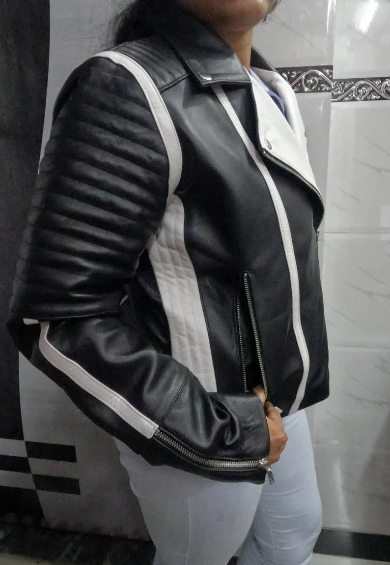Shop Womens Black &amp; White Lambskin Leather Biker Jacket  Color Block Leather Jacket by tjs