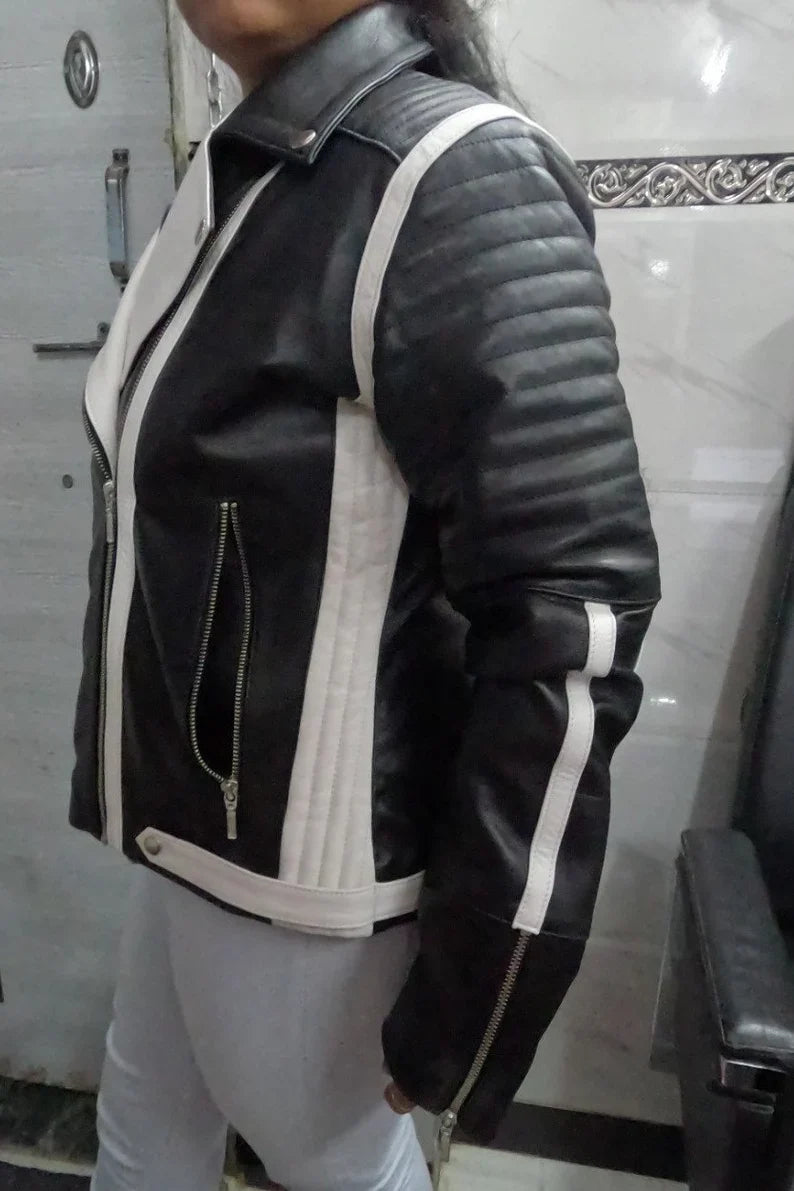 Shop Womens Black &amp; White Lambskin Leather Biker Jacket  Color Block Leather Jacket by tjs