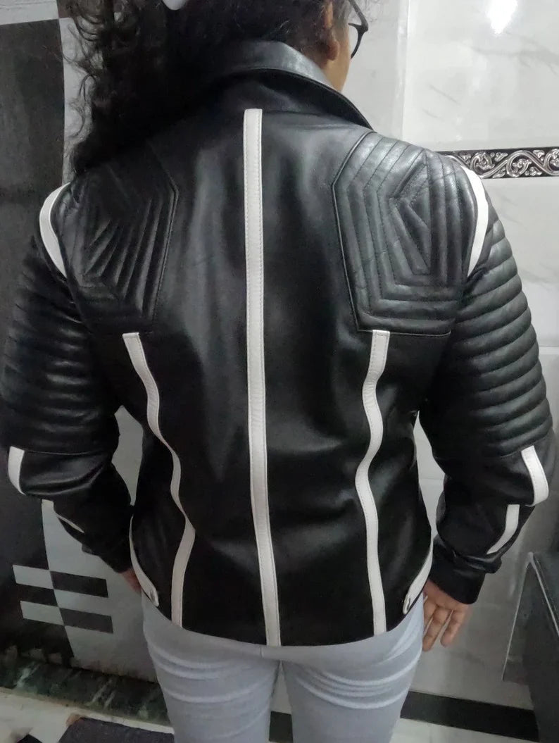 Shop Womens Black &amp; White Lambskin Leather Biker Jacket  Color Block Leather Jacket by tjs