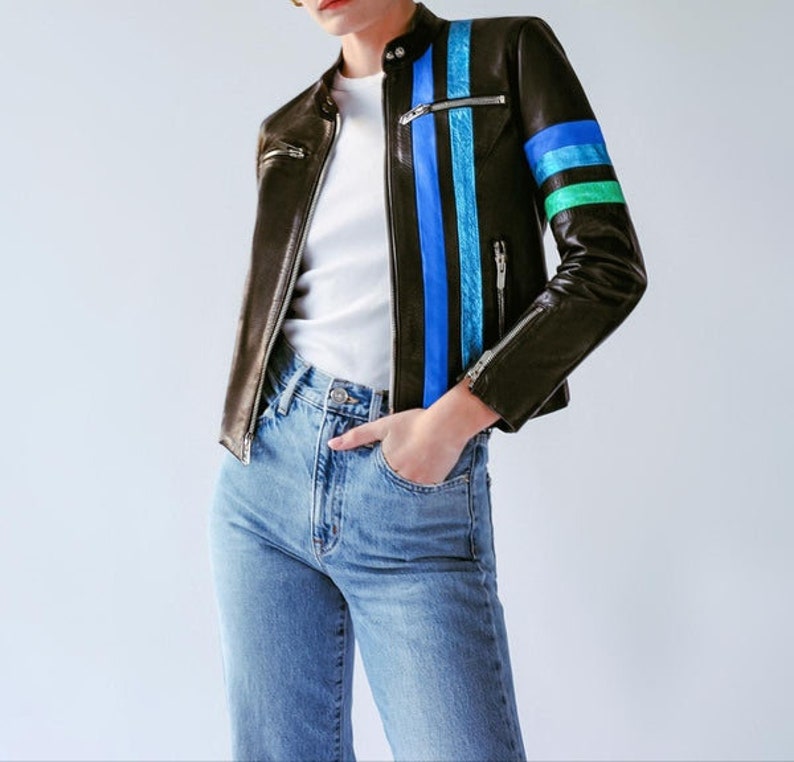 Shop Women Black Solid Casual Tailored Motorcycle Biker Leather Jacket by tjs