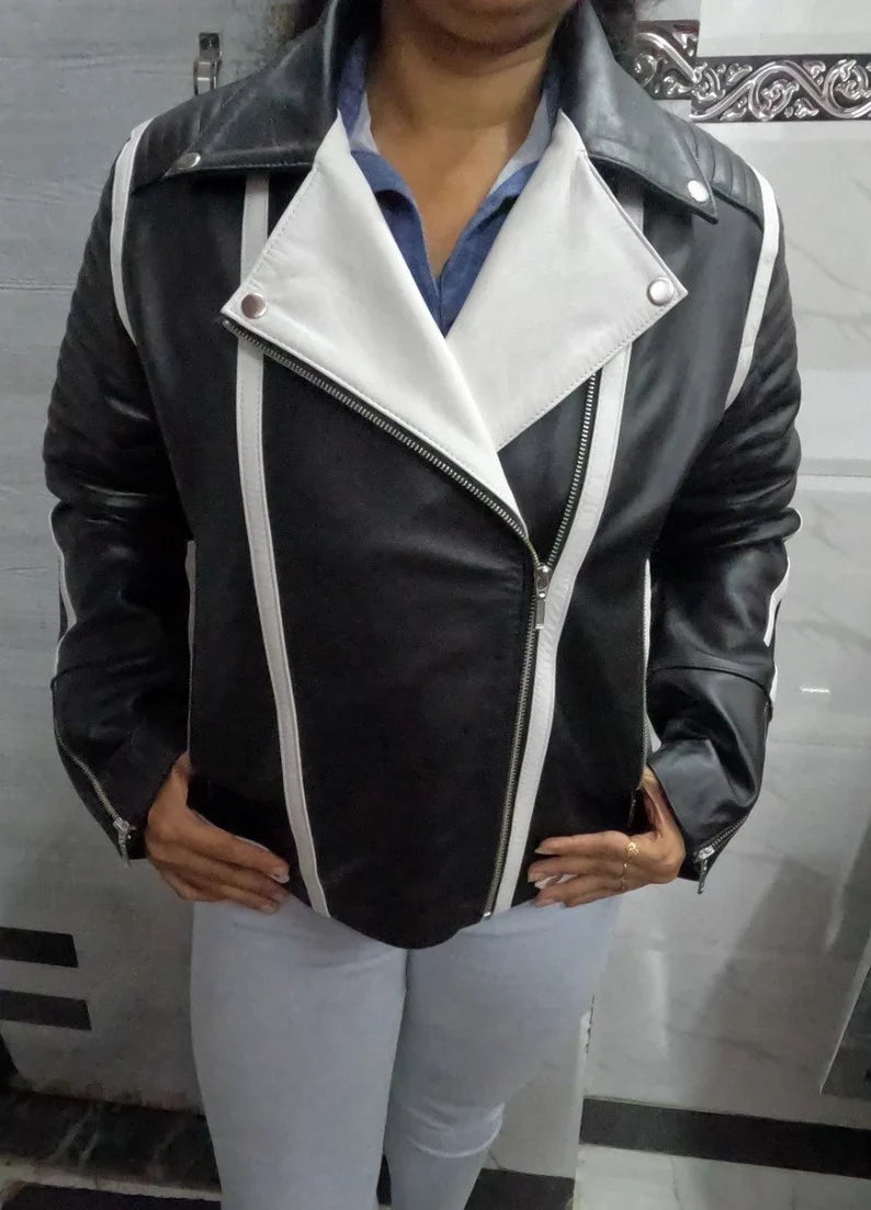 Shop Womens Black &amp; White Lambskin Leather Biker Jacket  Color Block Leather Jacket by tjs