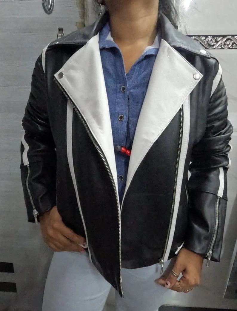 Shop Womens Black & White Lambskin Leather Biker Jacket  Color Block Leather Jacket by tjs