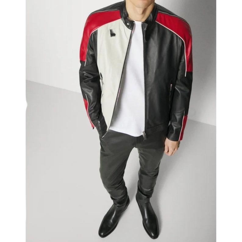 Shop Men's Tri Color Solid Casual Motorcycle Biker Leather Jacket By TJS