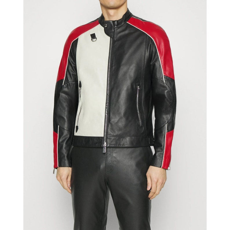Shop Men's Tri Color Solid Casual Motorcycle Biker Leather Jacket By TJS