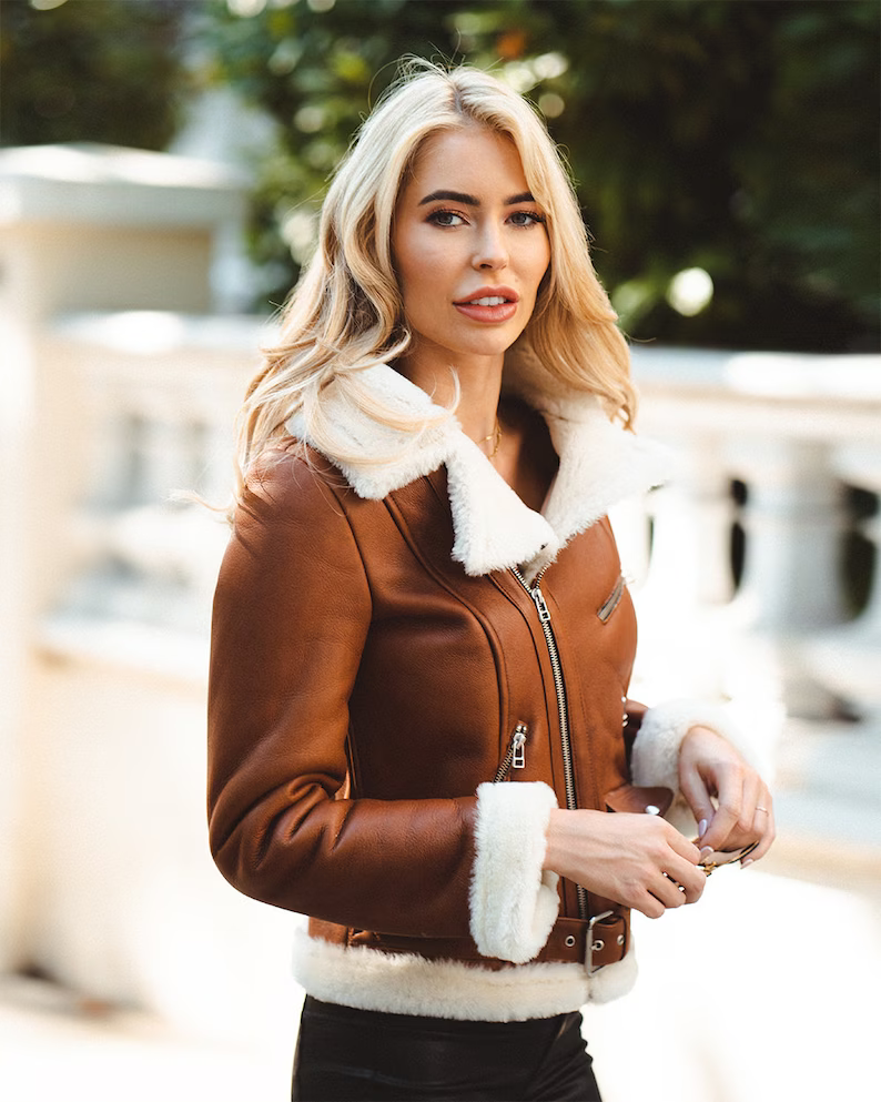 Shop Brown Aviator Shearling Jacket For Women
