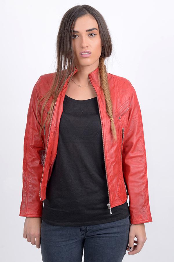 Shop Women Red Bomber Sheep Skin Leather Jacket