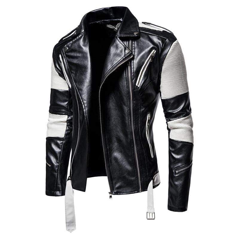 Shop Genuine Leather Black and White Color Race Biker Lapel Jacket
