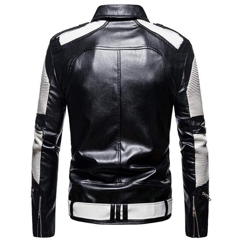 Shop Genuine Leather Black and White Color Race Biker Lapel Jacket