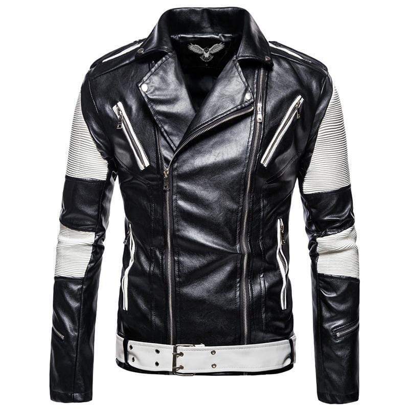 Shop Genuine Leather Black and White Color Race Biker Lapel Jacket