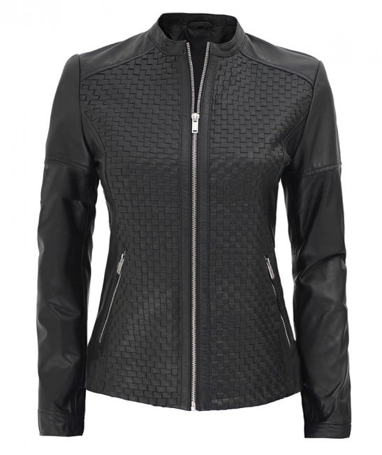 Shop Women's Black Leather Cafe Racer Textured Real Leather Jacket