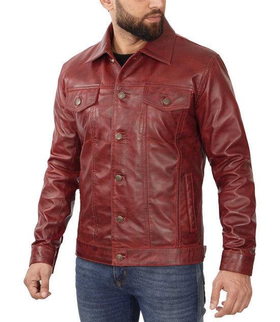 Shop Maroon Trucker Leather Jacket By TJS