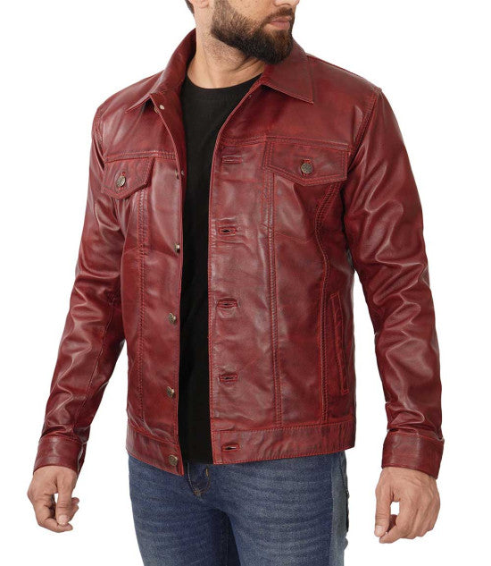 Shop Maroon Trucker Leather Jacket By TJS