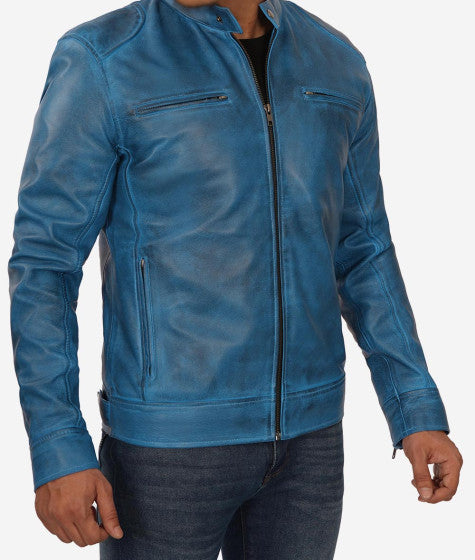Shop Mens Blue Lambskin Leather Cafe Racer Jacket