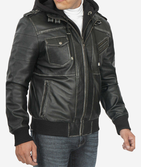 Shop Trending Men's Leather Bomber Jacket With Removable Hood