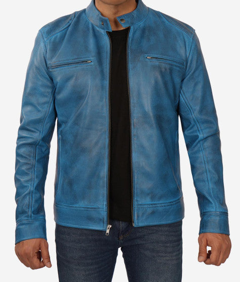 Shop Mens Blue Lambskin Leather Cafe Racer Jacket