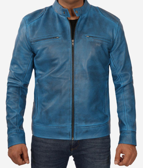 Shop Mens Blue Lambskin Leather Cafe Racer Jacket
