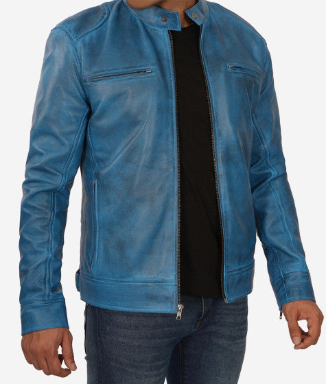 Shop Mens Blue Lambskin Leather Cafe Racer Jacket