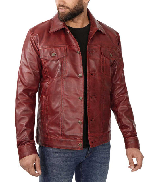 Shop Maroon Trucker Leather Jacket By TJS