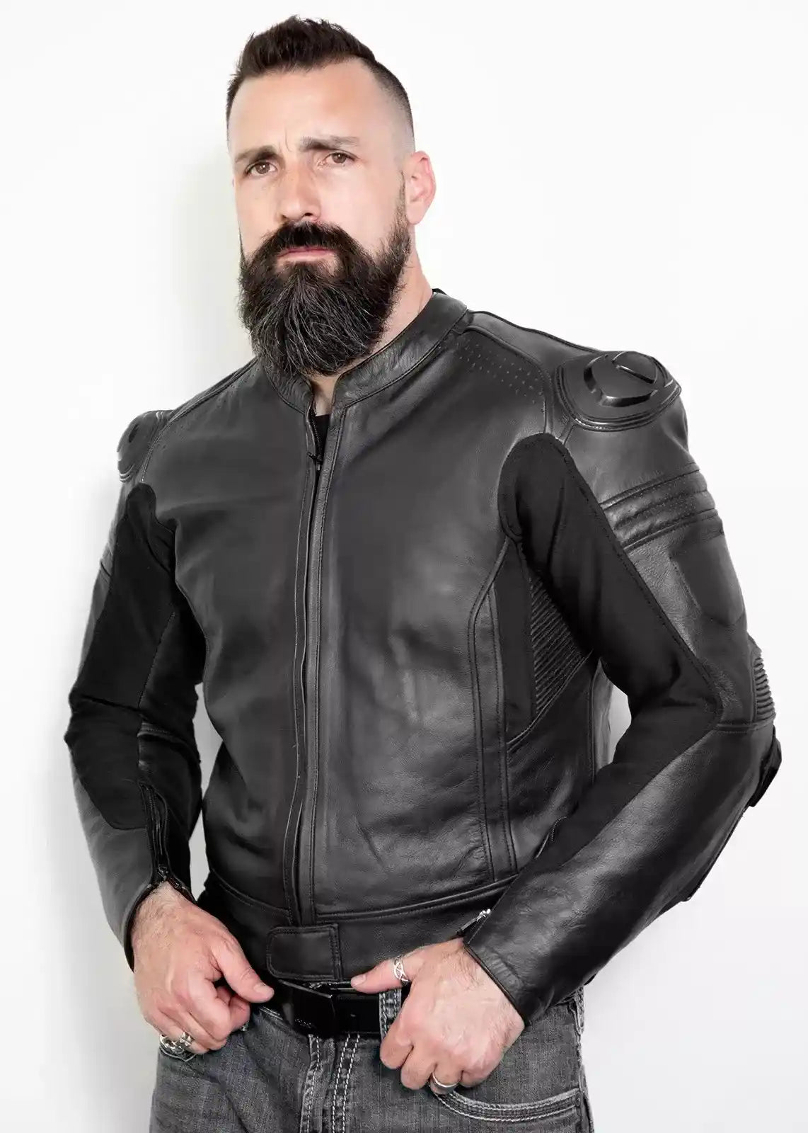 Mens Black Motorcycle Leather Jacket with Armor