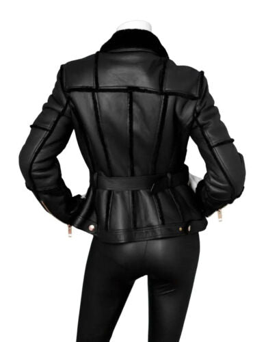 Shop New Stylish Real Leather and Faux Shearling Biker Moto Jacket Black