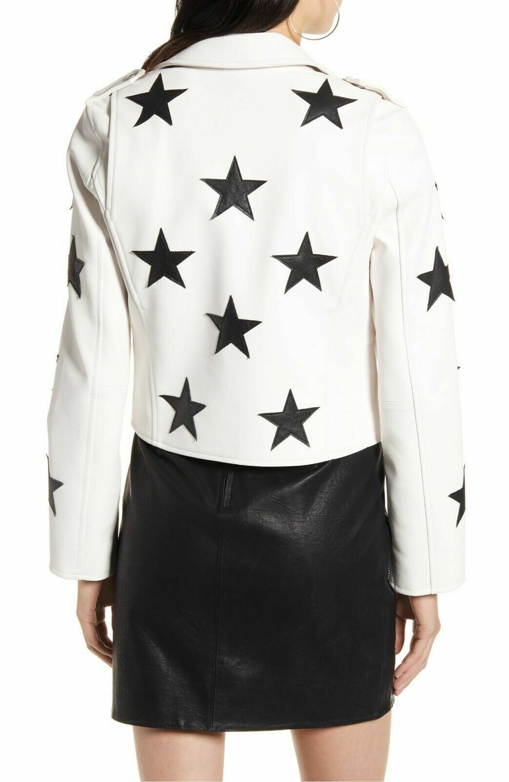 Shop White Lambskin Leather Jacket with Black Stars