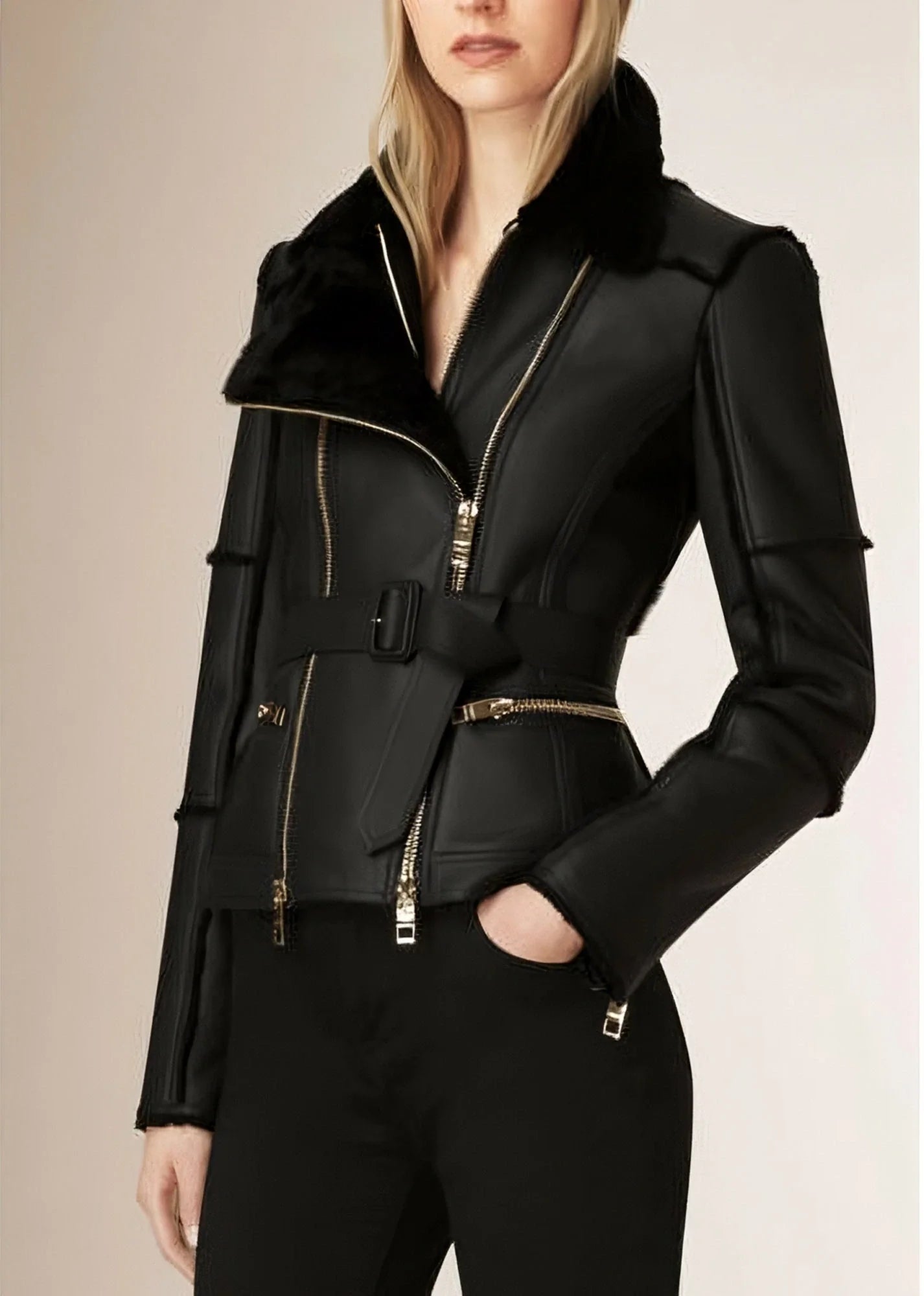Shop New Stylish Real Leather and Faux Shearling Biker Moto Jacket Black
