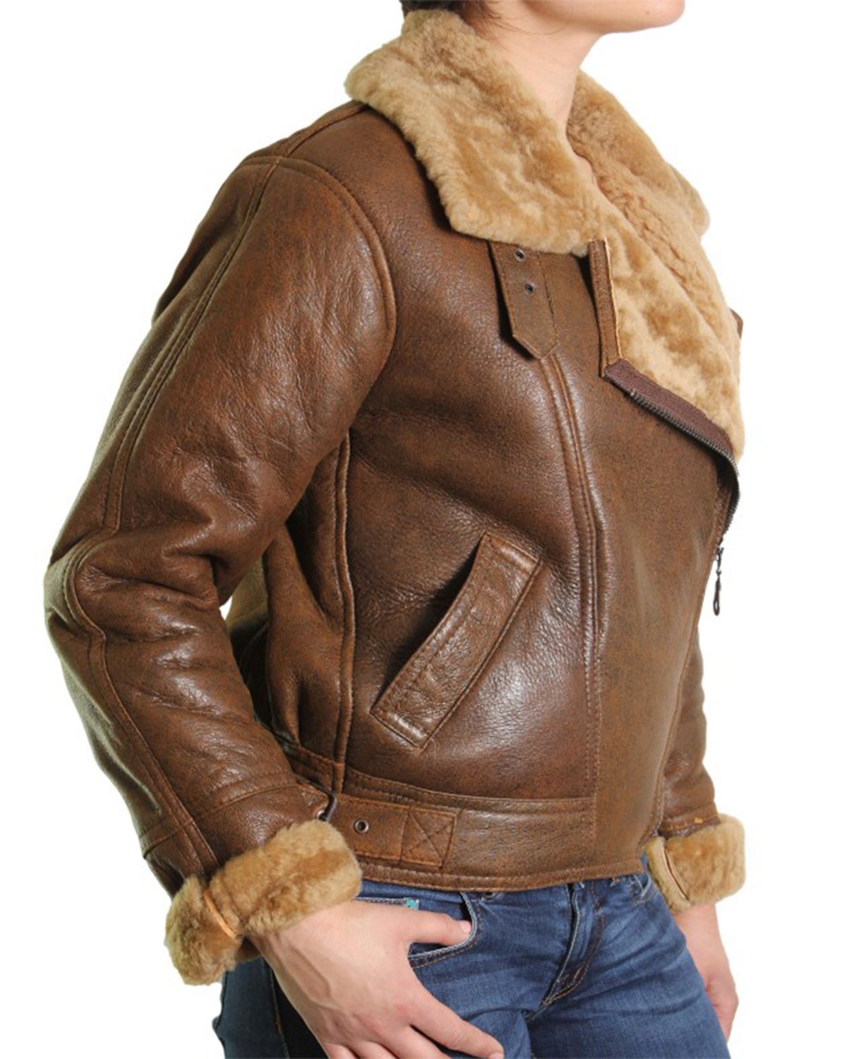 Shop Female Faux Fur Shearling Bomber Aviator Leather Jacket