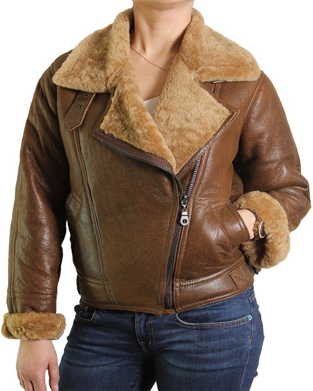 Shop Female Faux Fur Shearling Bomber Aviator Leather Jacket
