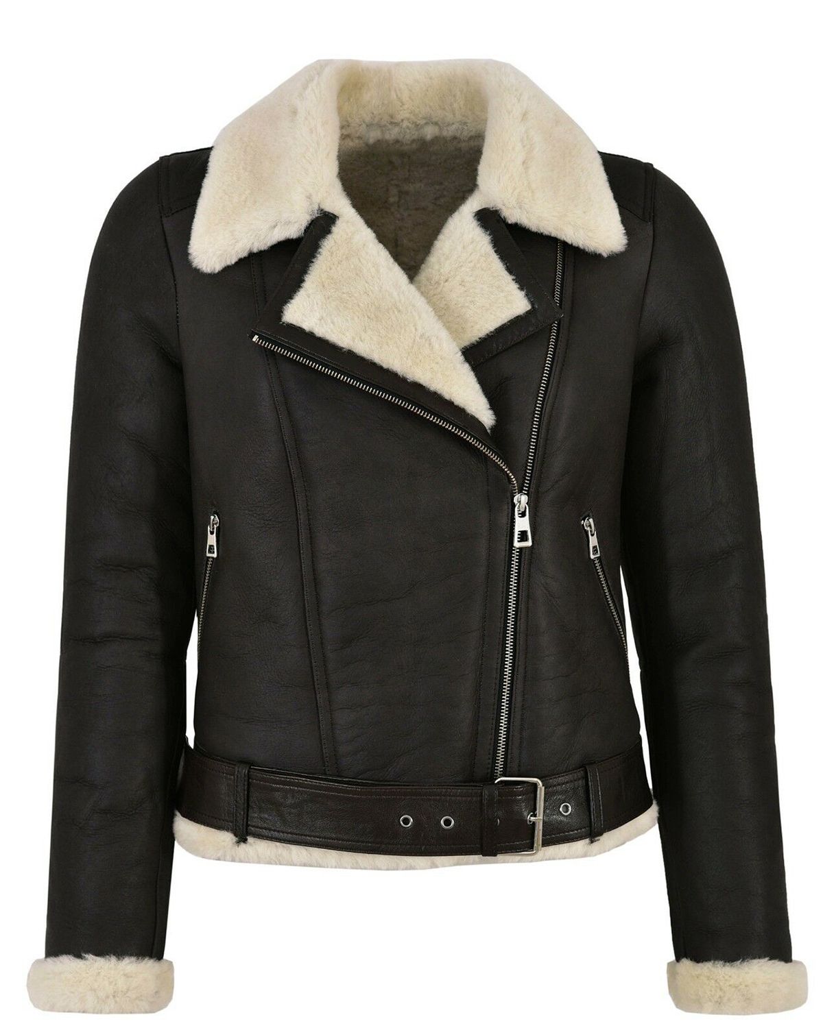 Shop Women Bomber Black Leather Jacket Faux Fur Shearling