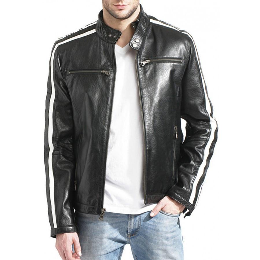 Shop Men's Black Leather White Stripe Moto Racer Style Jacket