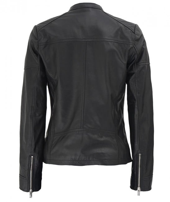Shop Women's Black Leather Cafe Racer Textured Real Leather Jacket